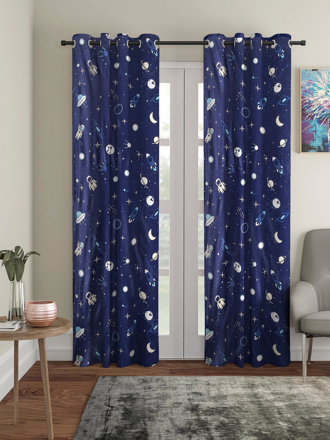 Cortina Navy Blue Set of 2  Black Out Glowing in Dark Long Door Curtains