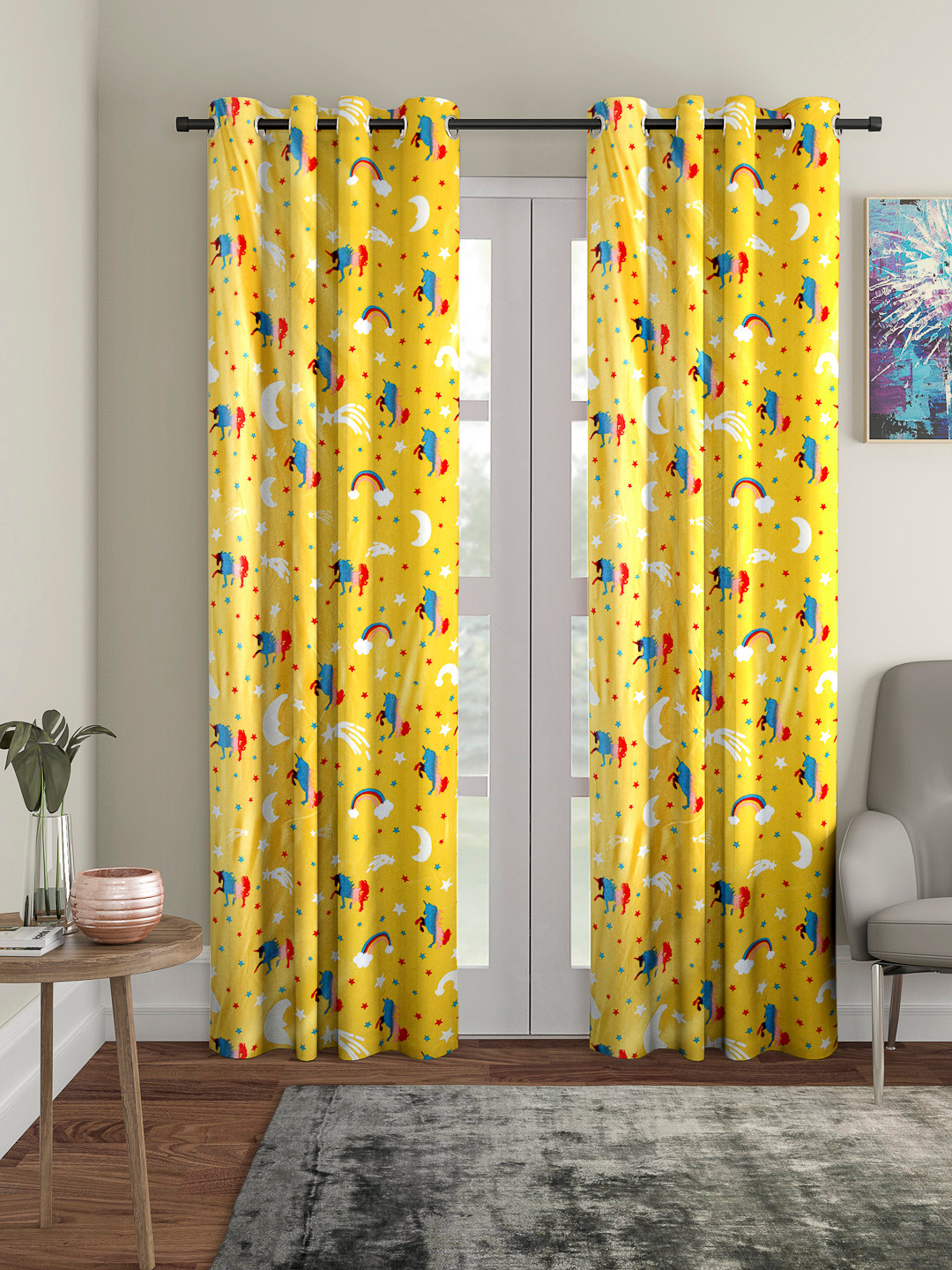 Cortina Set of 2 Yellow & Blue Printed Glow in the Dark Door Curtains