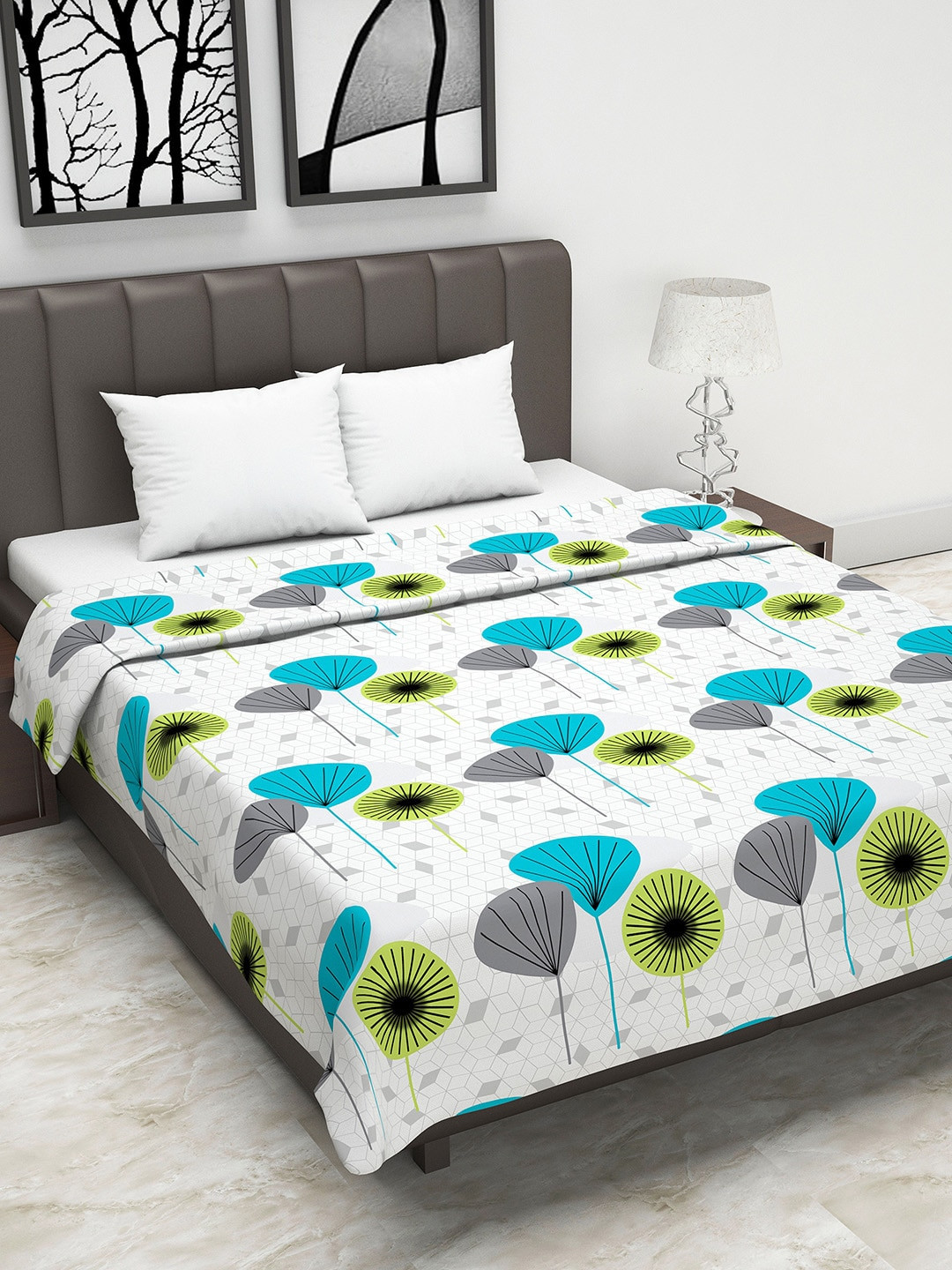 Divine Casa Off-White & Turquoise Blue Floral AC Room 110 GSM Double Bed Dohar
