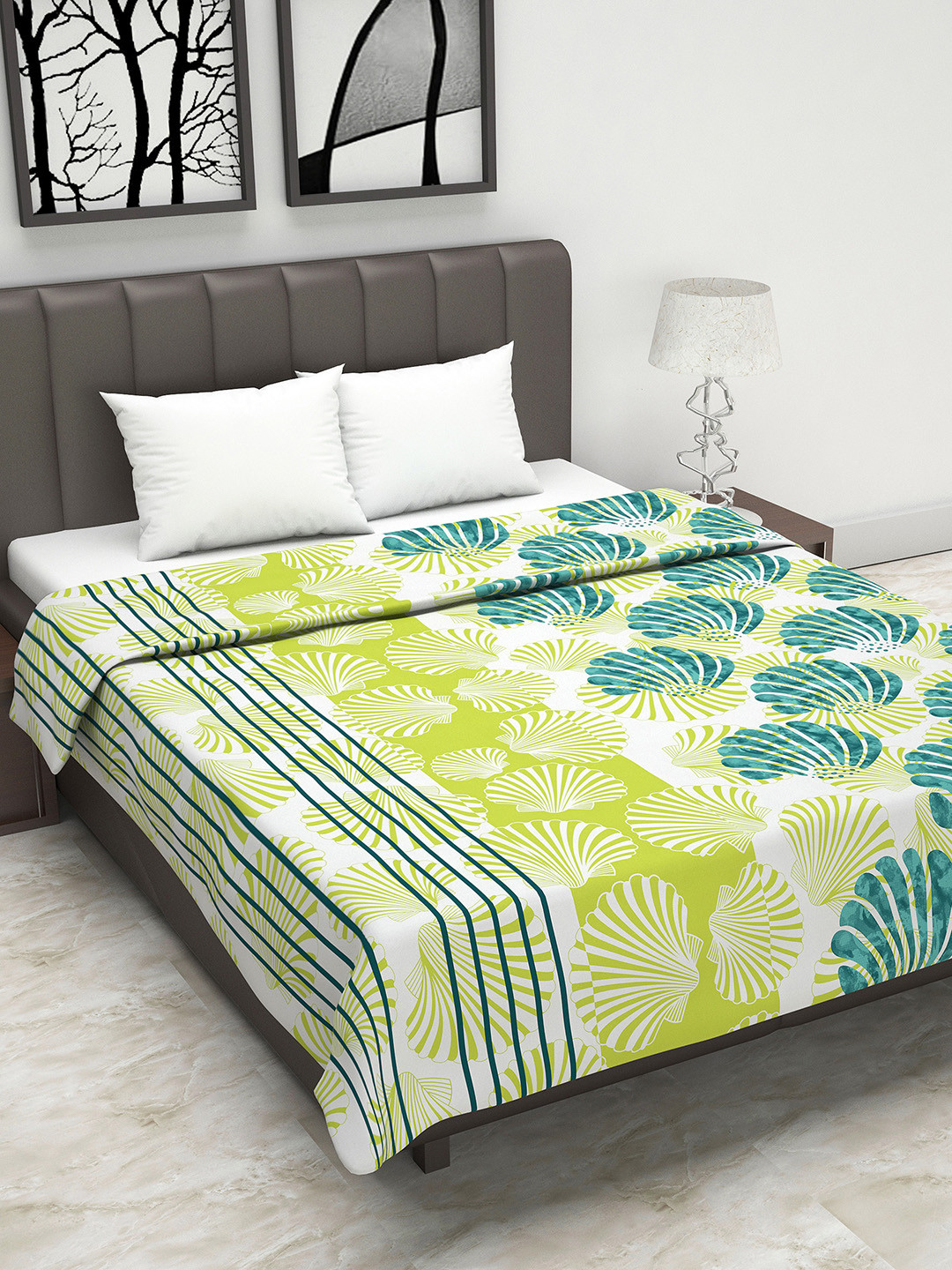 Divine Casa Off-White & Green Abstract AC Room 110 GSM Double Bed Dohar