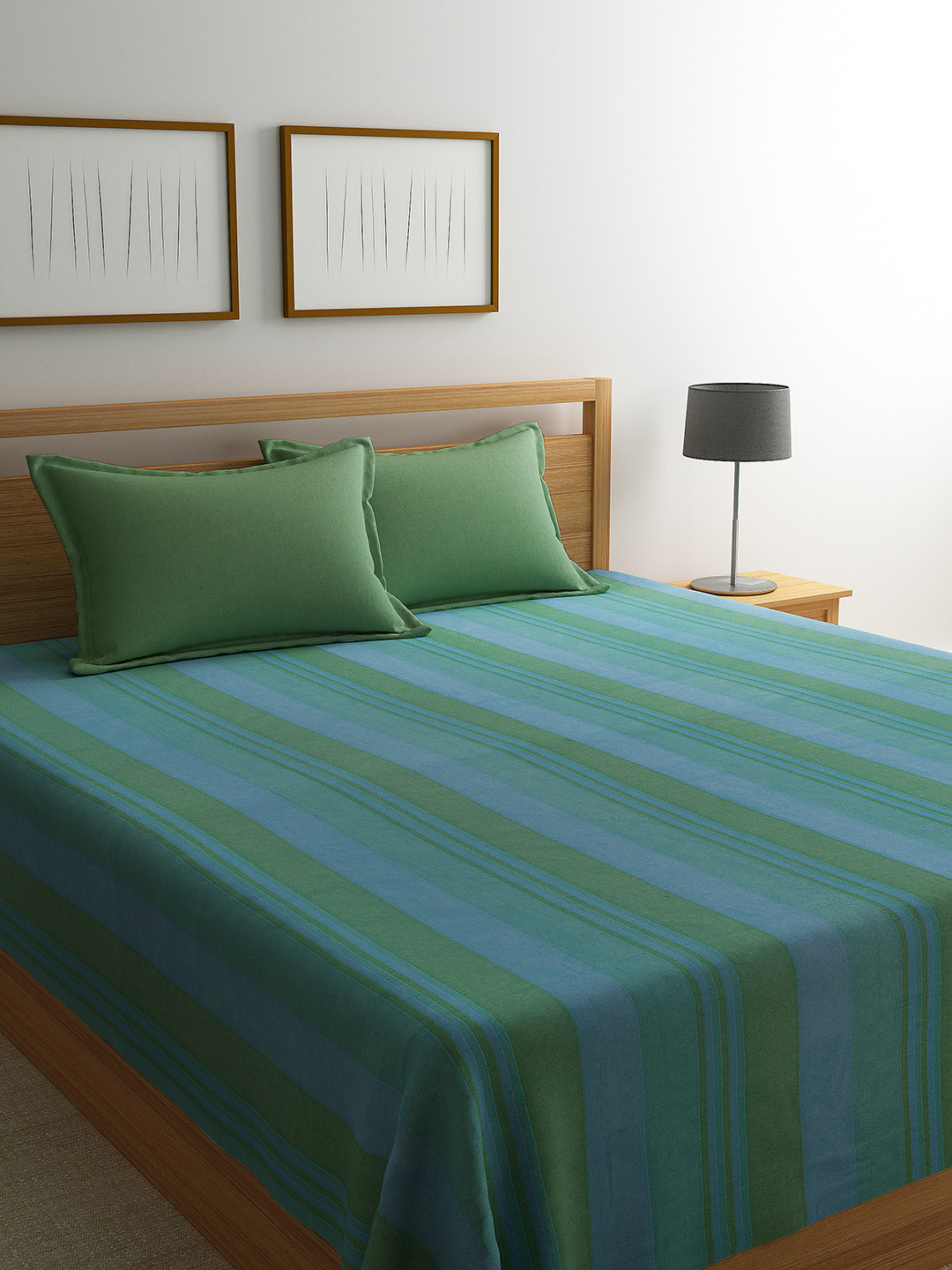Saral Home Green & Blue Striped 500 TC Bedsheet with 2 Pillow Covers