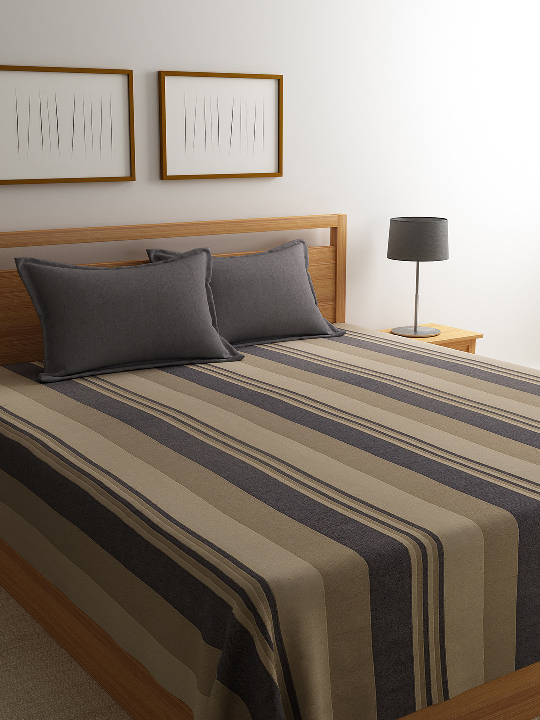 Saral Home Brown & Grey Striped 500 TC Bedsheet with 2 Pillow Covers