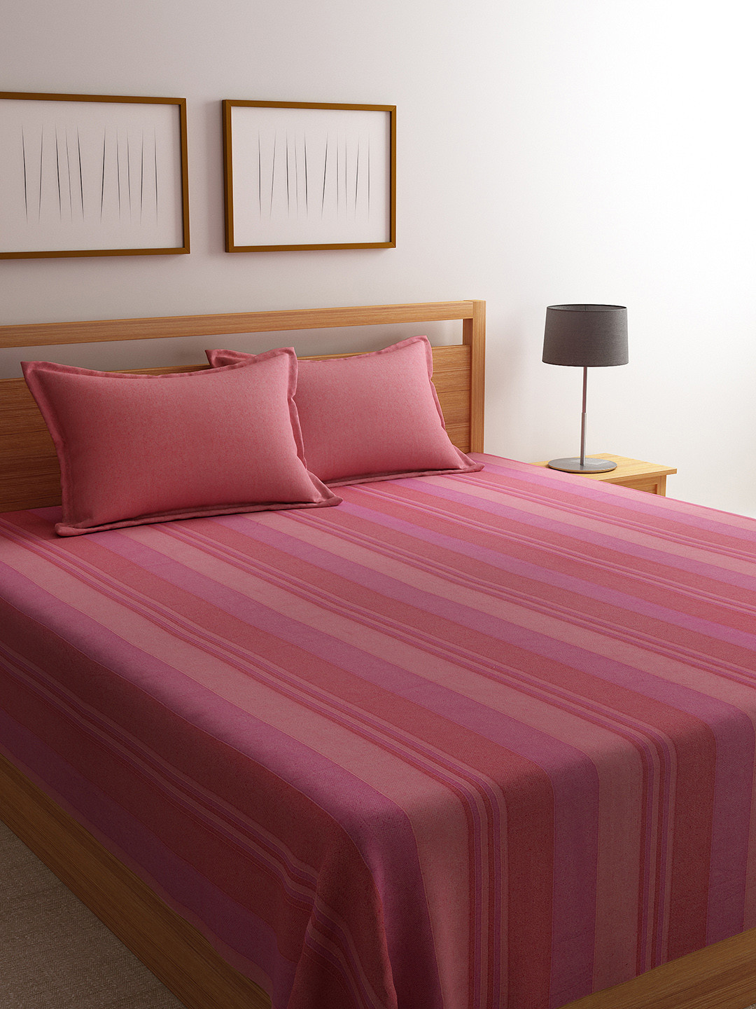 Saral Home Pink Striped 500 TC Bedsheet with 2 Pillow Covers