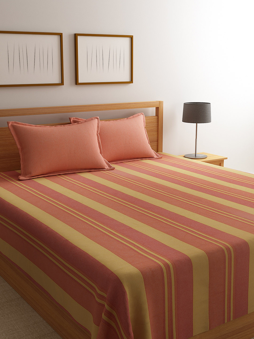 Saral Home Orange & Yellow Striped 500 TC Bedsheet with 2 Pillow Covers