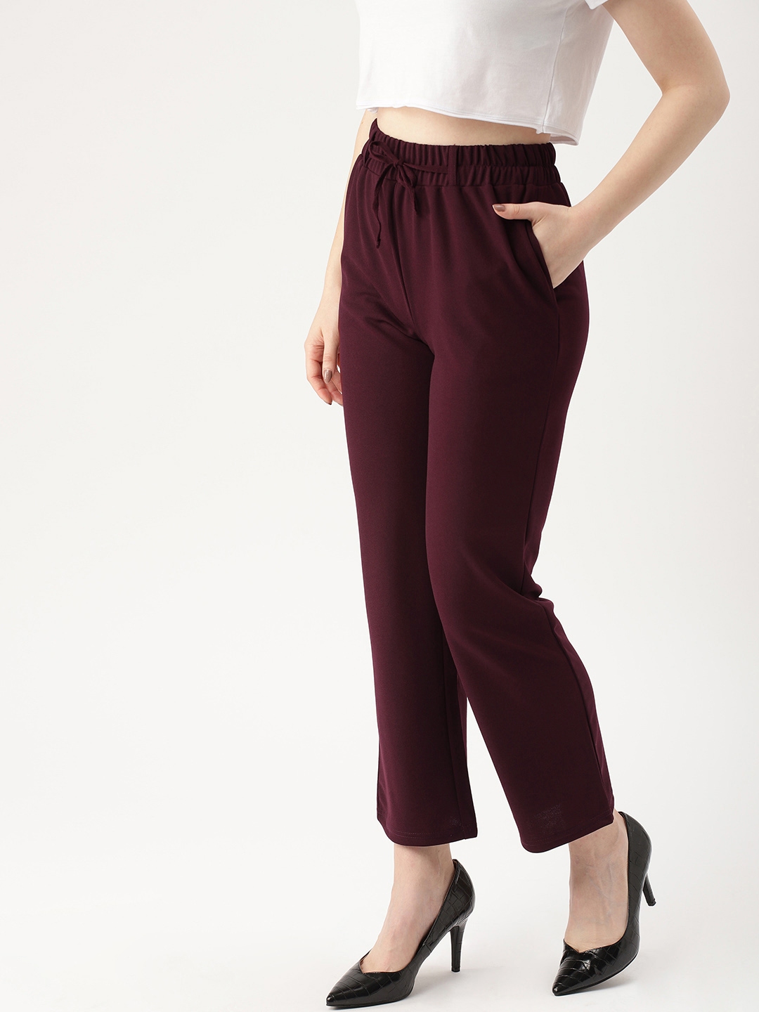 Buy DressBerry Women Burgundy Regular Fit Solid Regular Cropped Mid Rise  Trousers - Trousers for Women 10440608