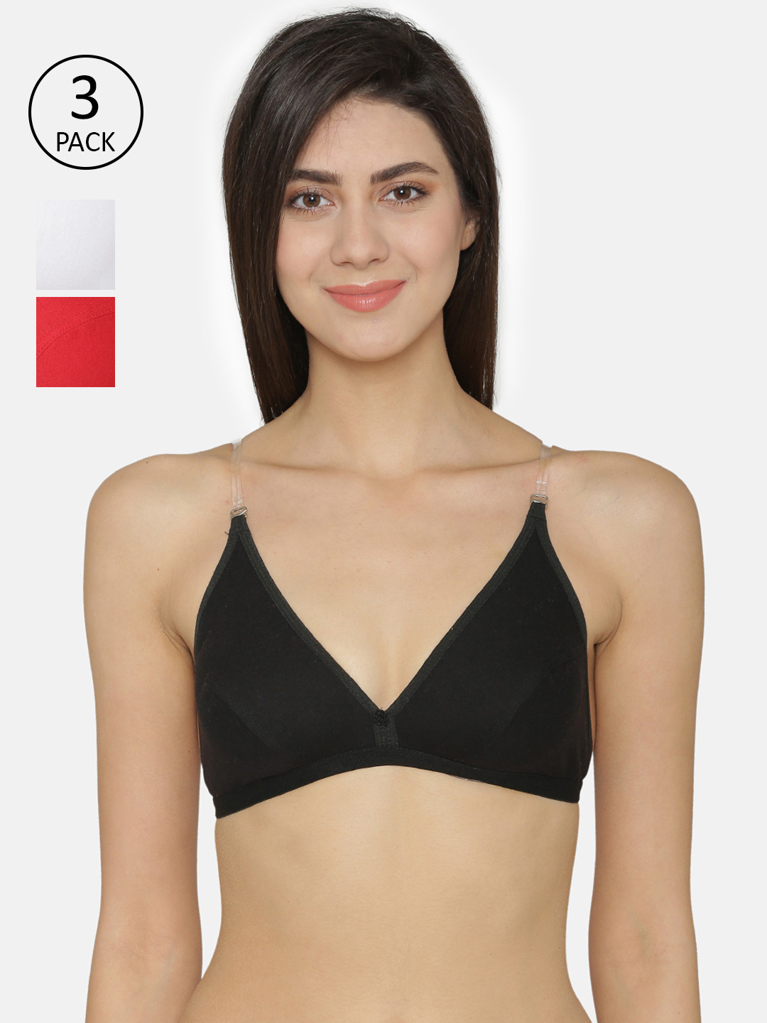 ABELINO Pack of 3 Solid Non-Wired Non Padded T-shirt Bra LEVONABLACKWHITERED