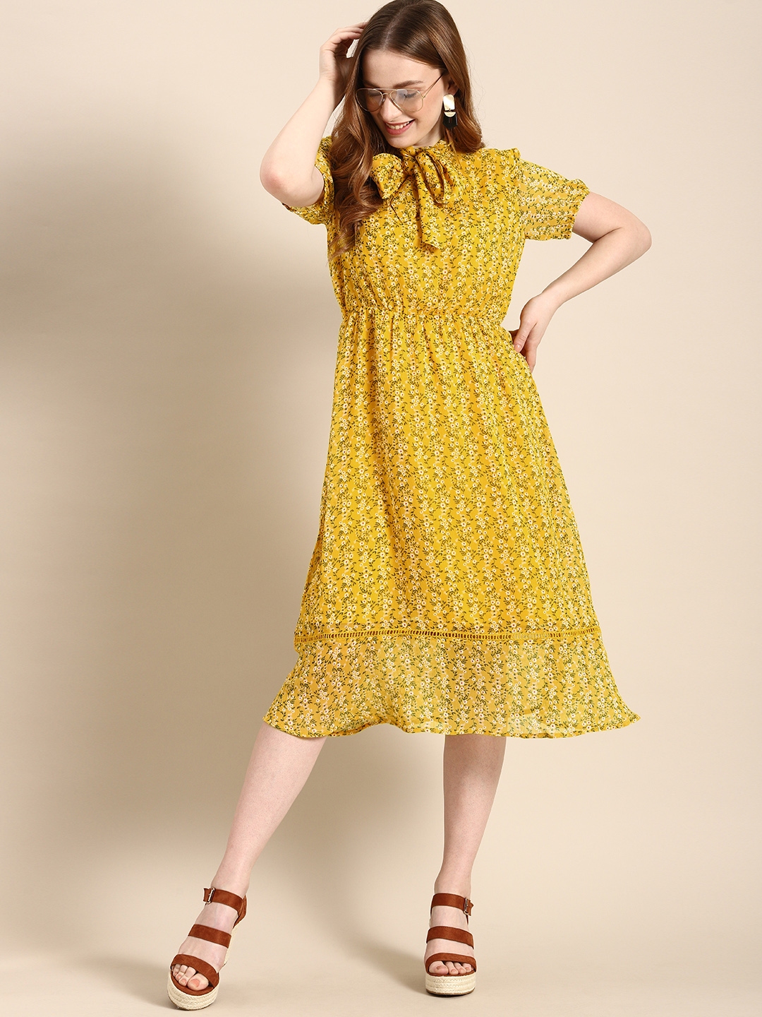 Buy DressBerry Women Black & Mustard Yellow Self-Design Fit and Flare Dress  on Myntra