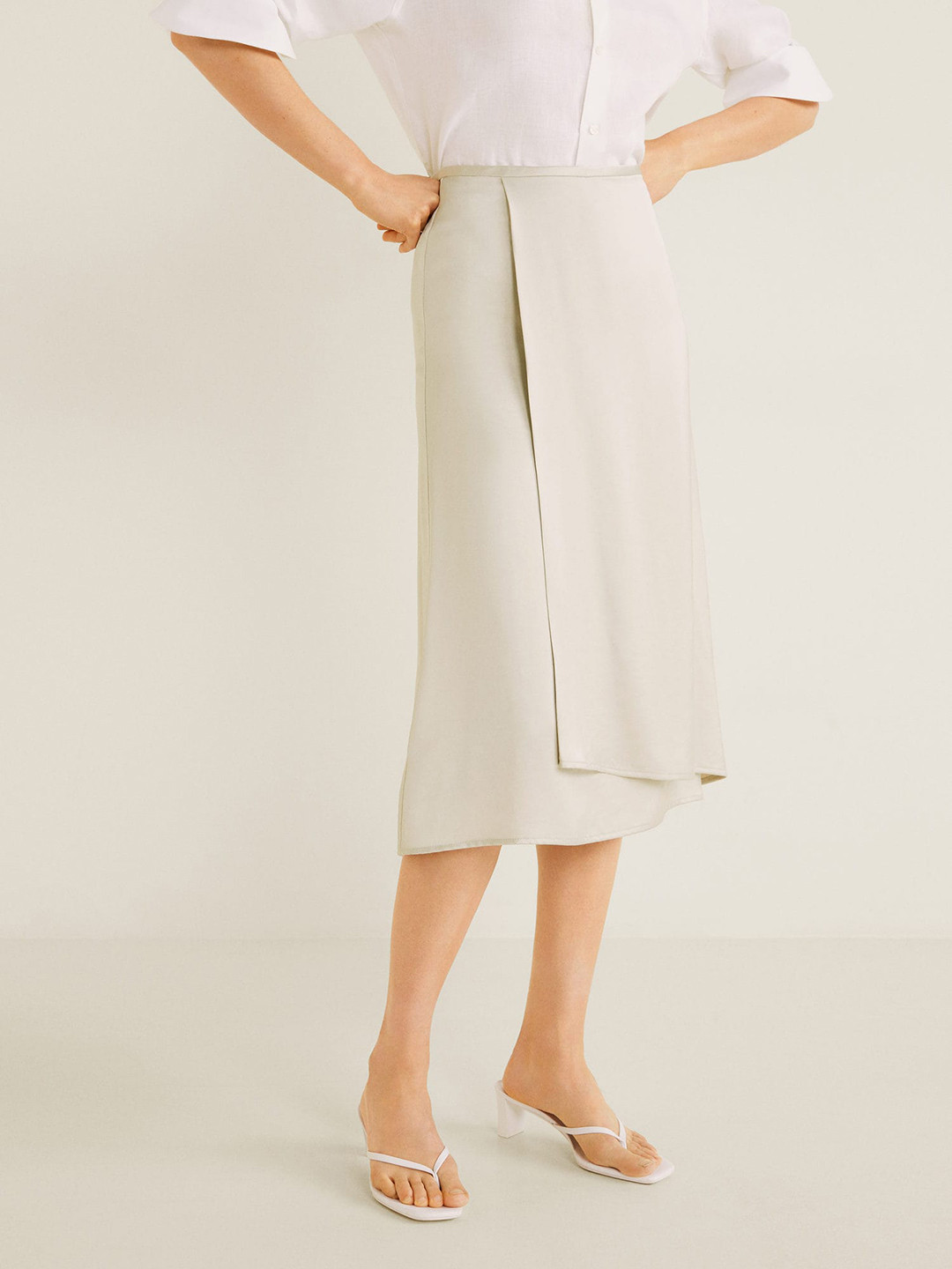 MANGO Women Off-White Solid Midi Wrap Skirt with Satin Finish