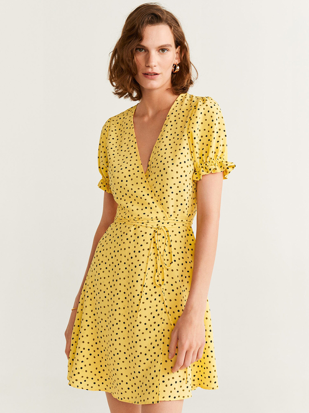 MANGO Women Yellow & Black Printed Wrap Dress