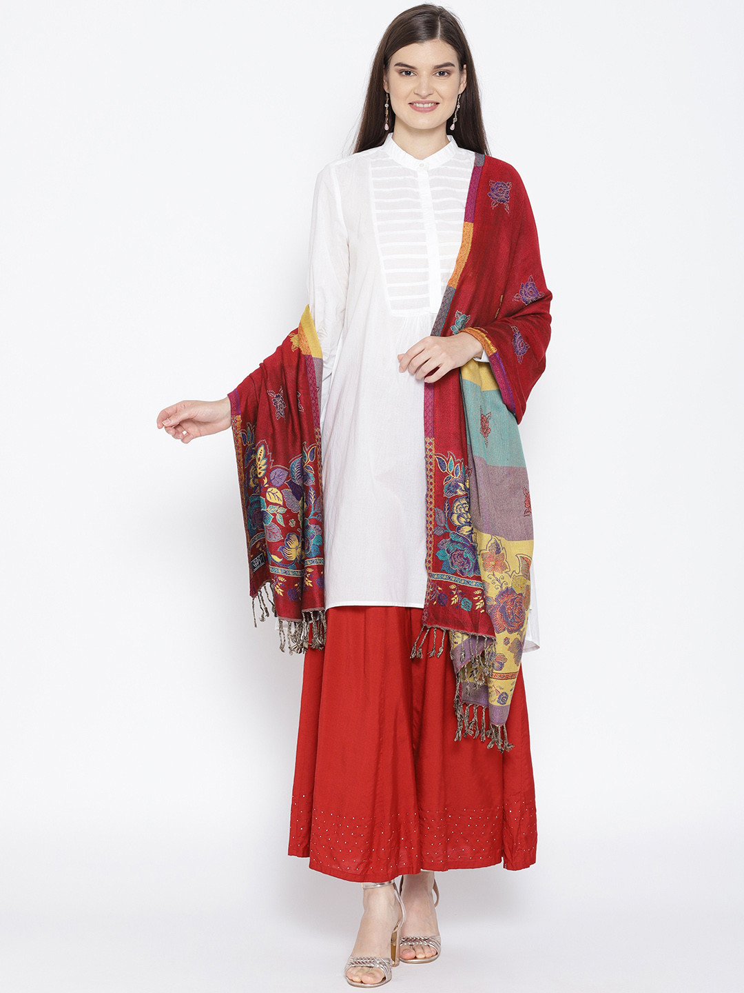 WEAVERS VILLA Women Red & Mustard Yellow Woven Design Stole