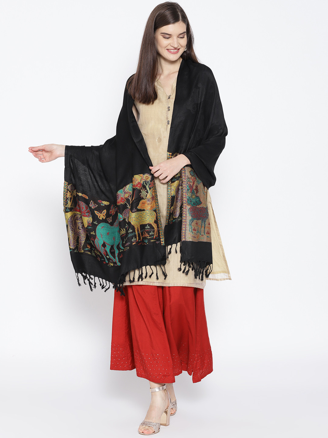 WEAVERS VILLA Women Black Woven Design Stole