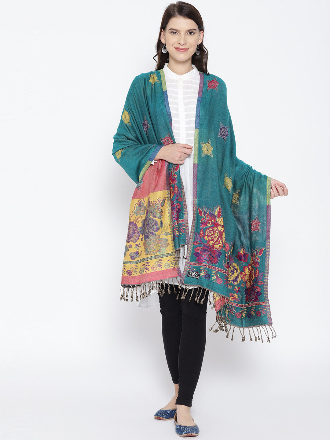WEAVERS VILLA Women Green & Yellow Woven Design Stole