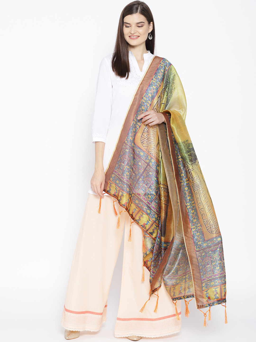 Shaily Yellow & Brown Printed Dupatta