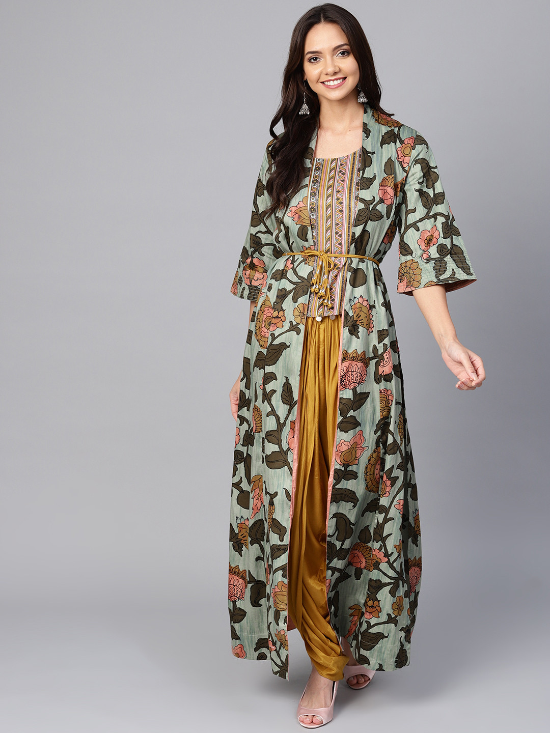 Biba Women Mustard Yellow & Green Printed Top with Dhoti Pants