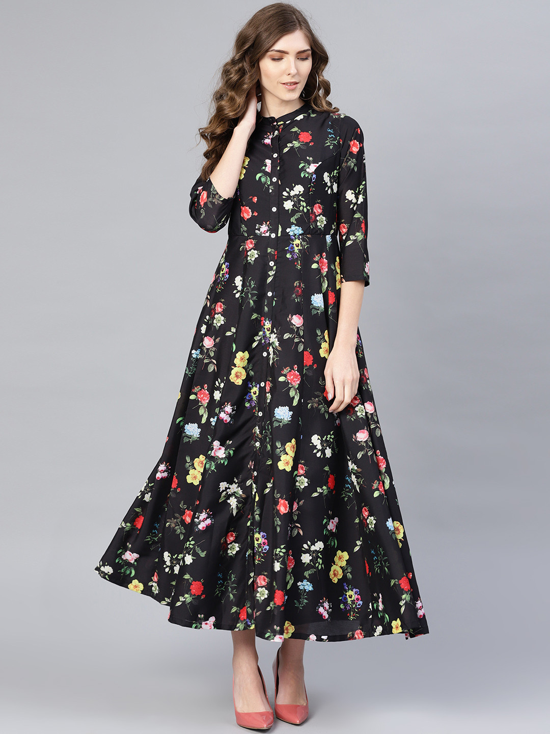 Biba Black & Red Floral Print Maxi Dress