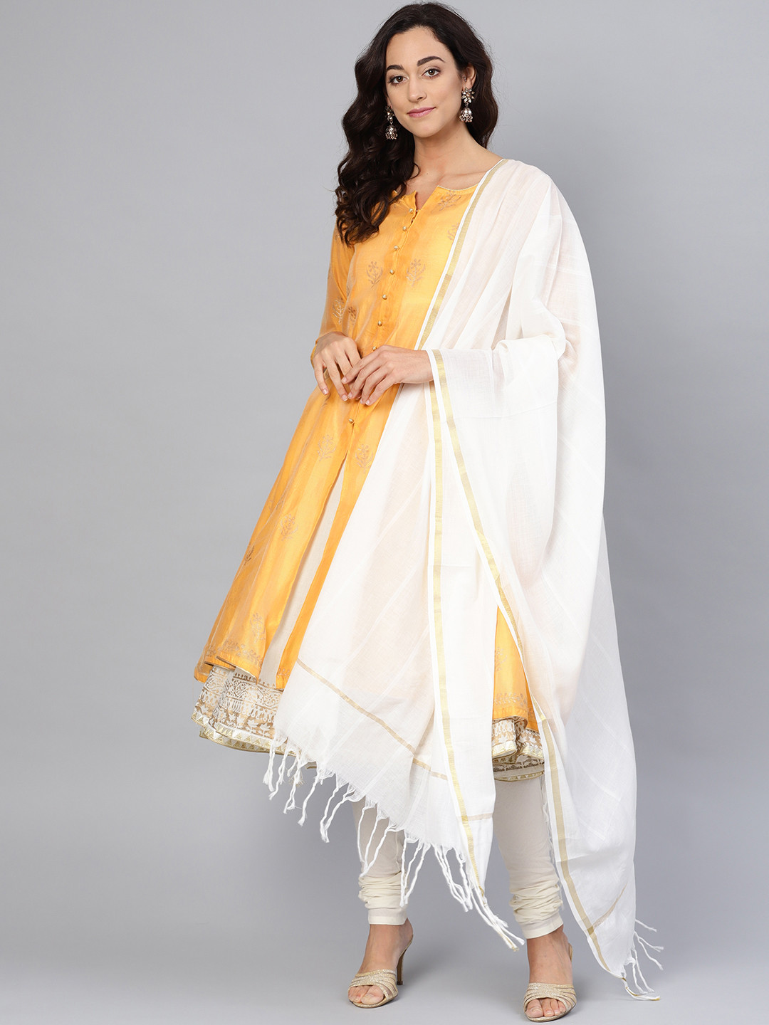 Biba Women Mustard Yellow & Off-White Printed Kurta with Churidar & Dupatta