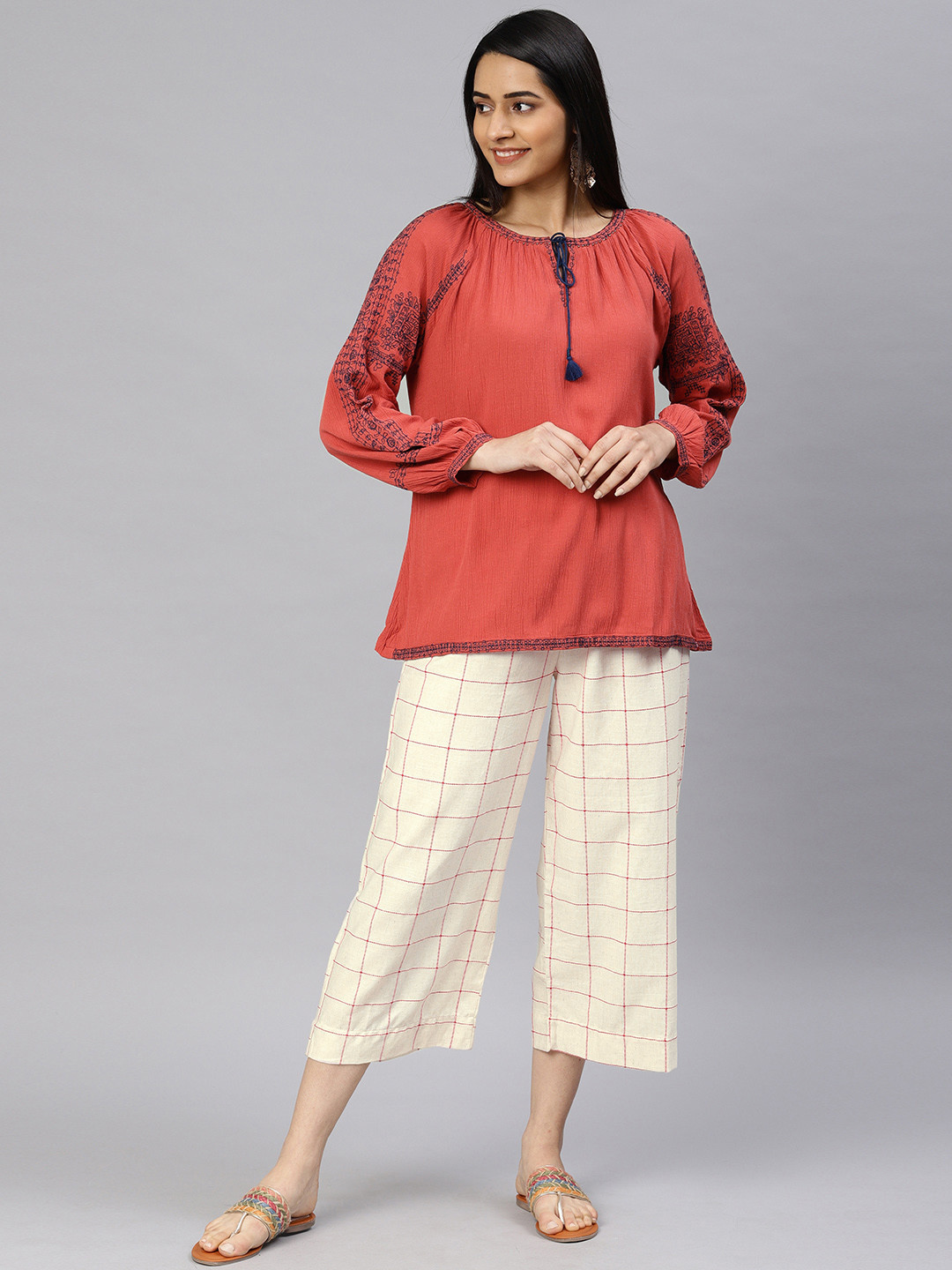 Biba Women Rust Orange & Off-White Solid Top with Cullotes