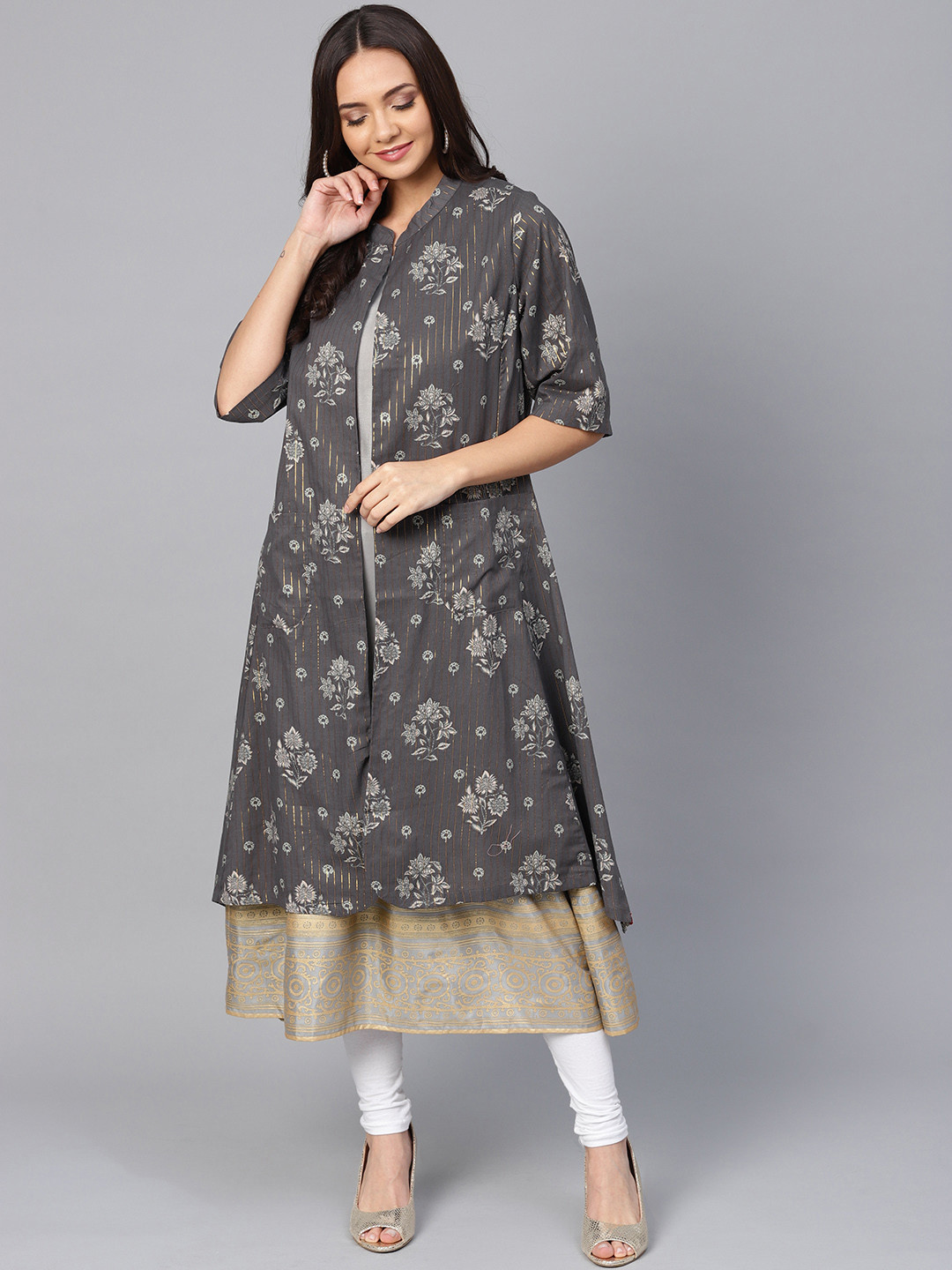 Biba Women Grey Floral Print Layered A-Line Kurta