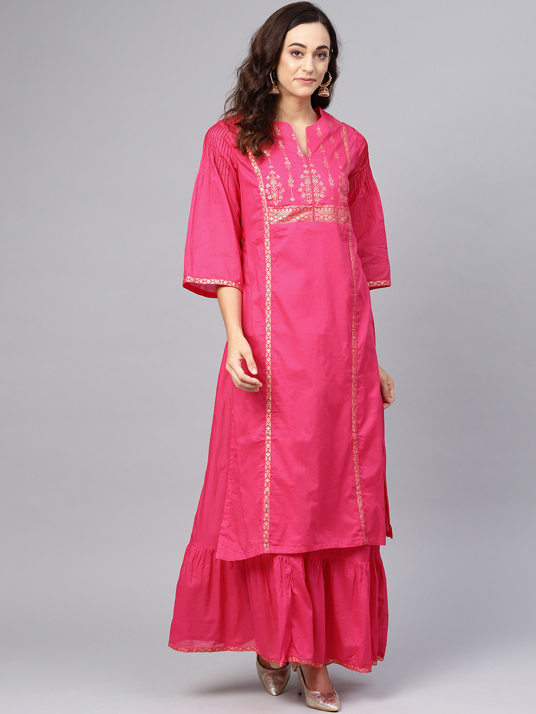 Biba Women Pink & Golden Printed Layered A-Line Kurta