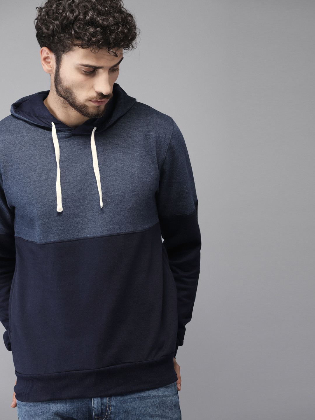 Campus Sutra Men Navy Blue Colourblocked Hooded Sweatshirt