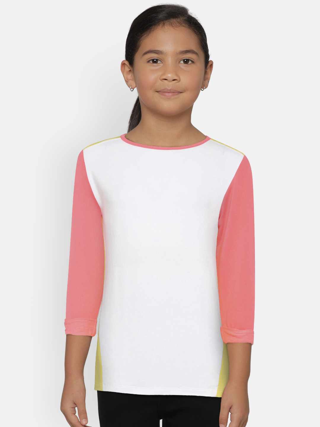 Tommy Hilfiger Girls White & Yellow Colourblocked Boat Neck T-shirt