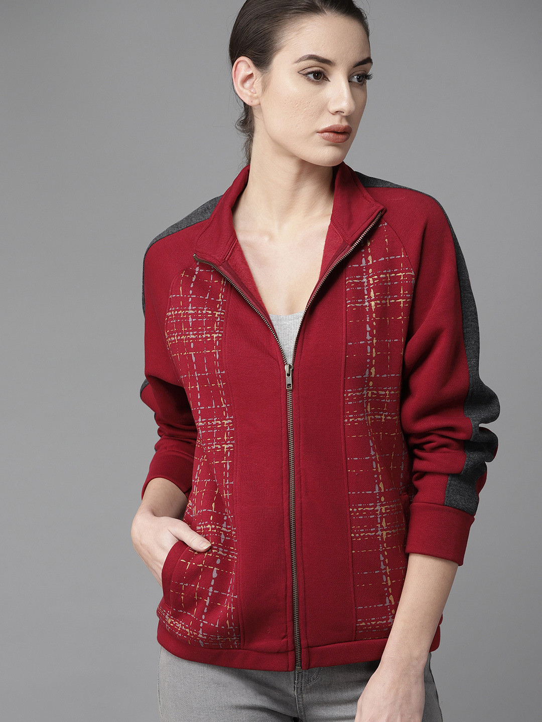 The Roadster Lifestyle Co Women Red Checked Sweatshirt
