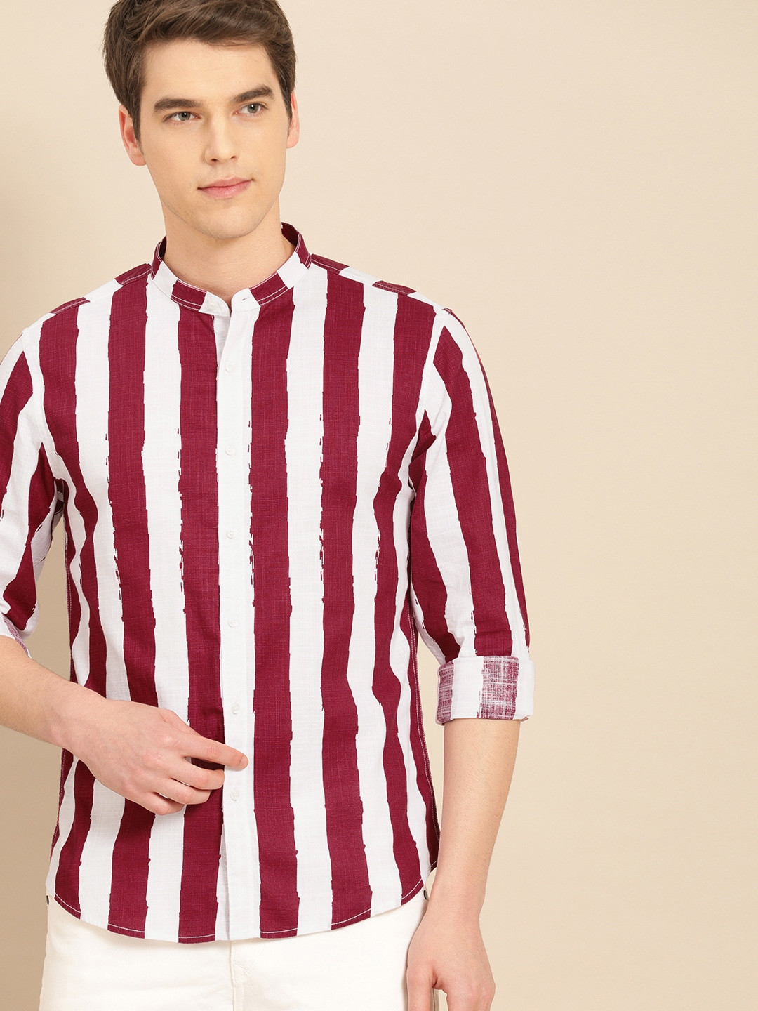 ether Men Maroon & White Regular Fit Striped Casual Shirt