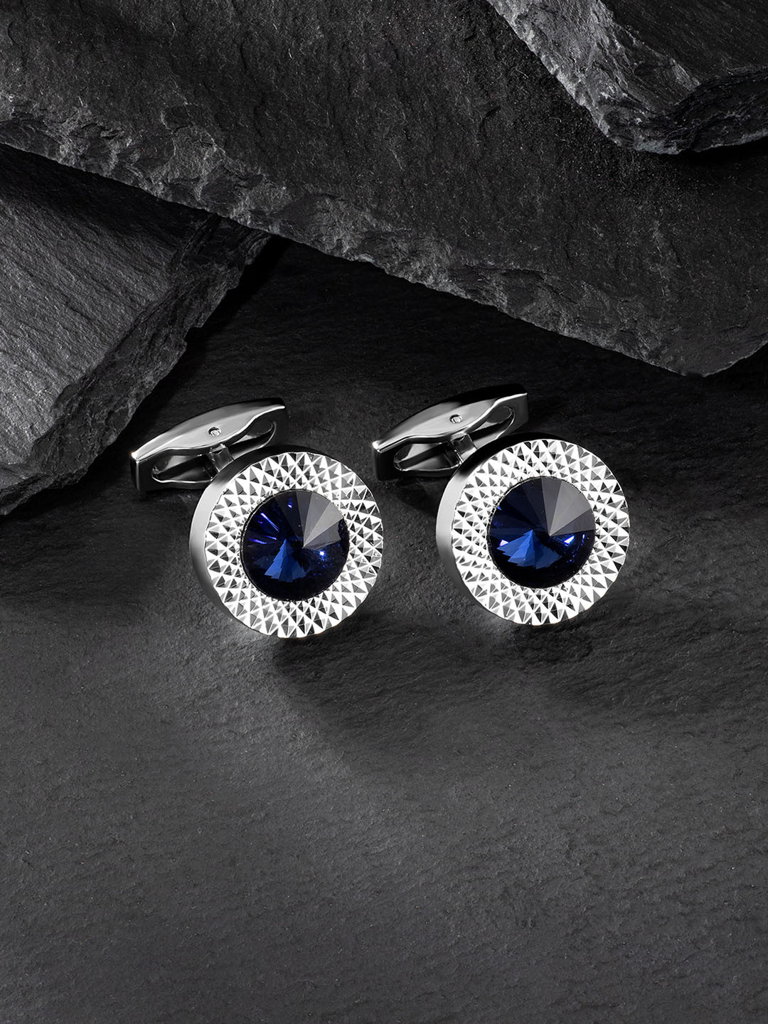 Peora Men Blue & Silver-Plated Crystal Cufflinks