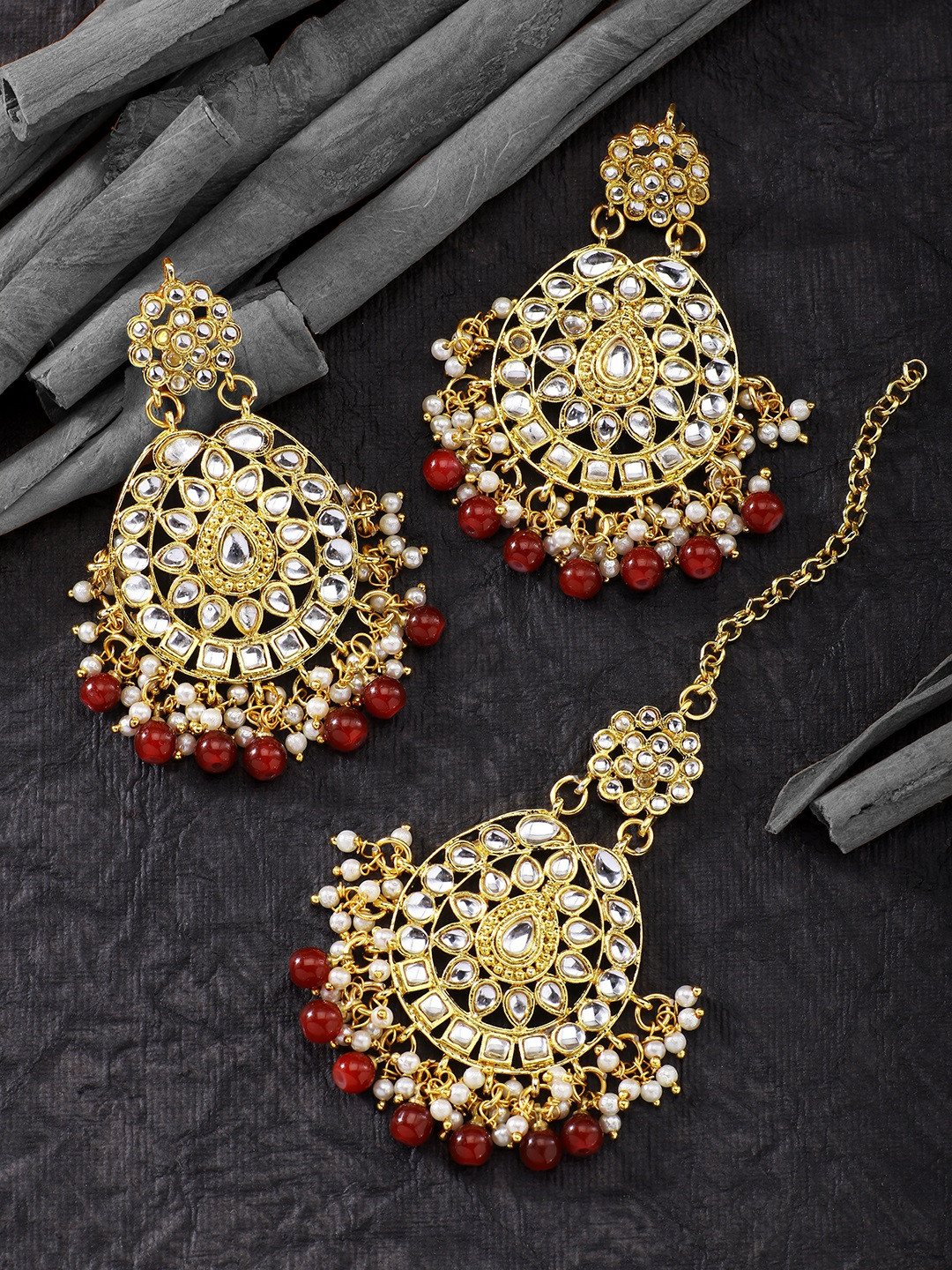 Peora Traditional 18K Gold-Plated Red Kundan-Studded Maang Tikka Set