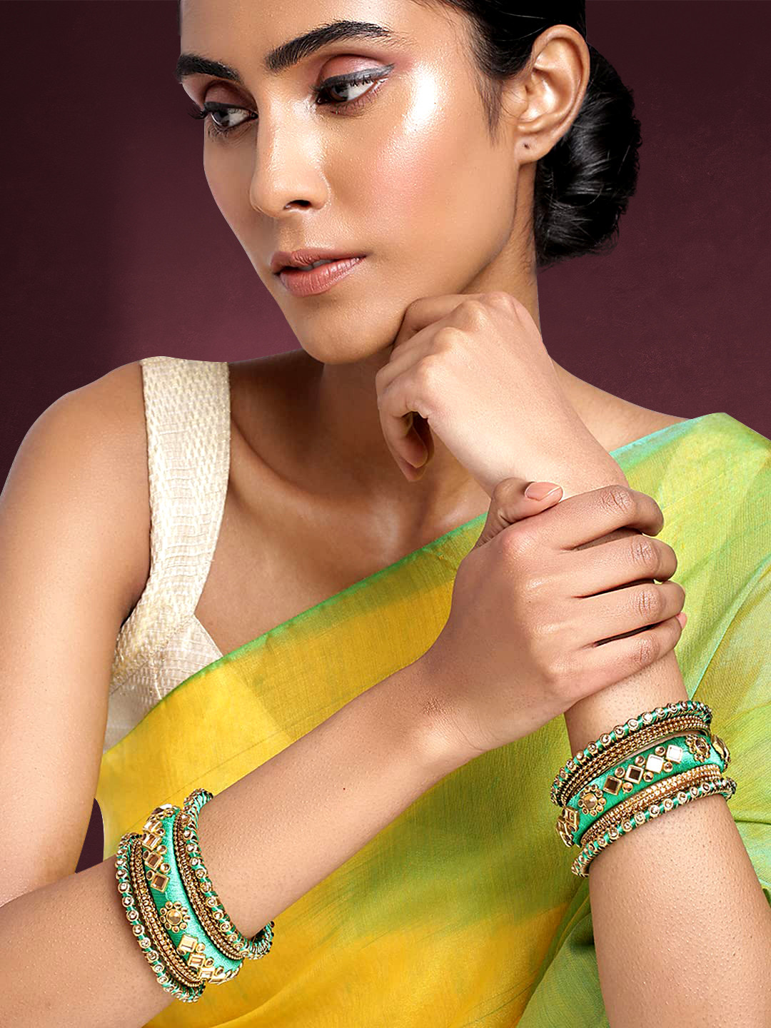 Peora Women Set of 18 Gold-Plated Green Ethnic Handmade Silk Thread Stone Studded