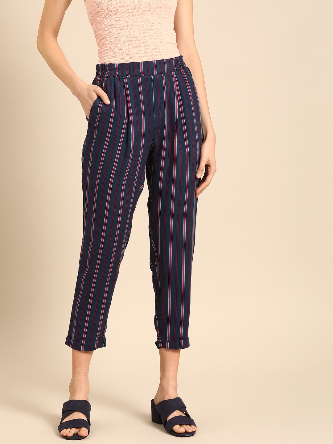 navy striped trousers