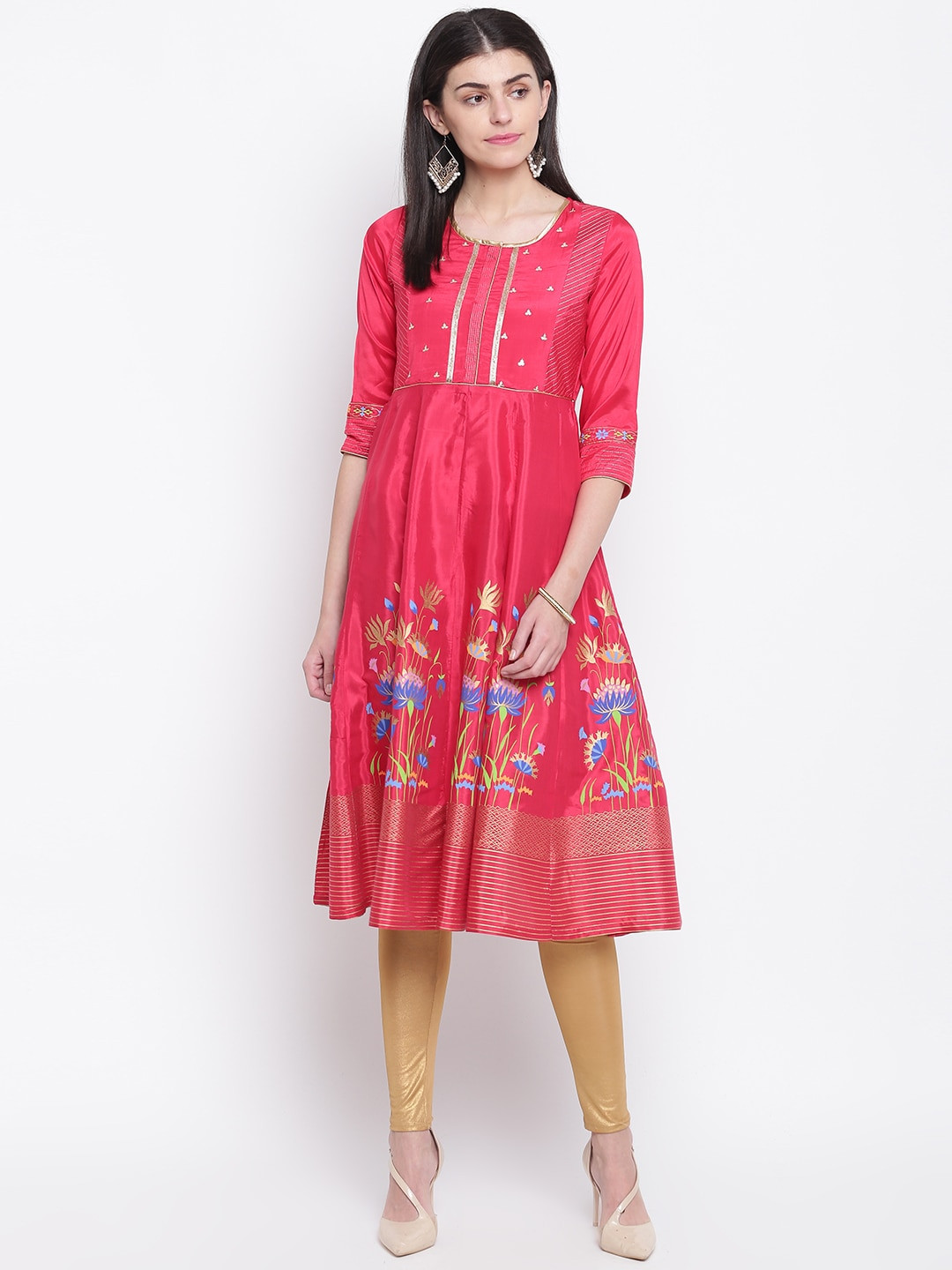 Rangriti Women Pink & Golden Printed A-Line Kurta