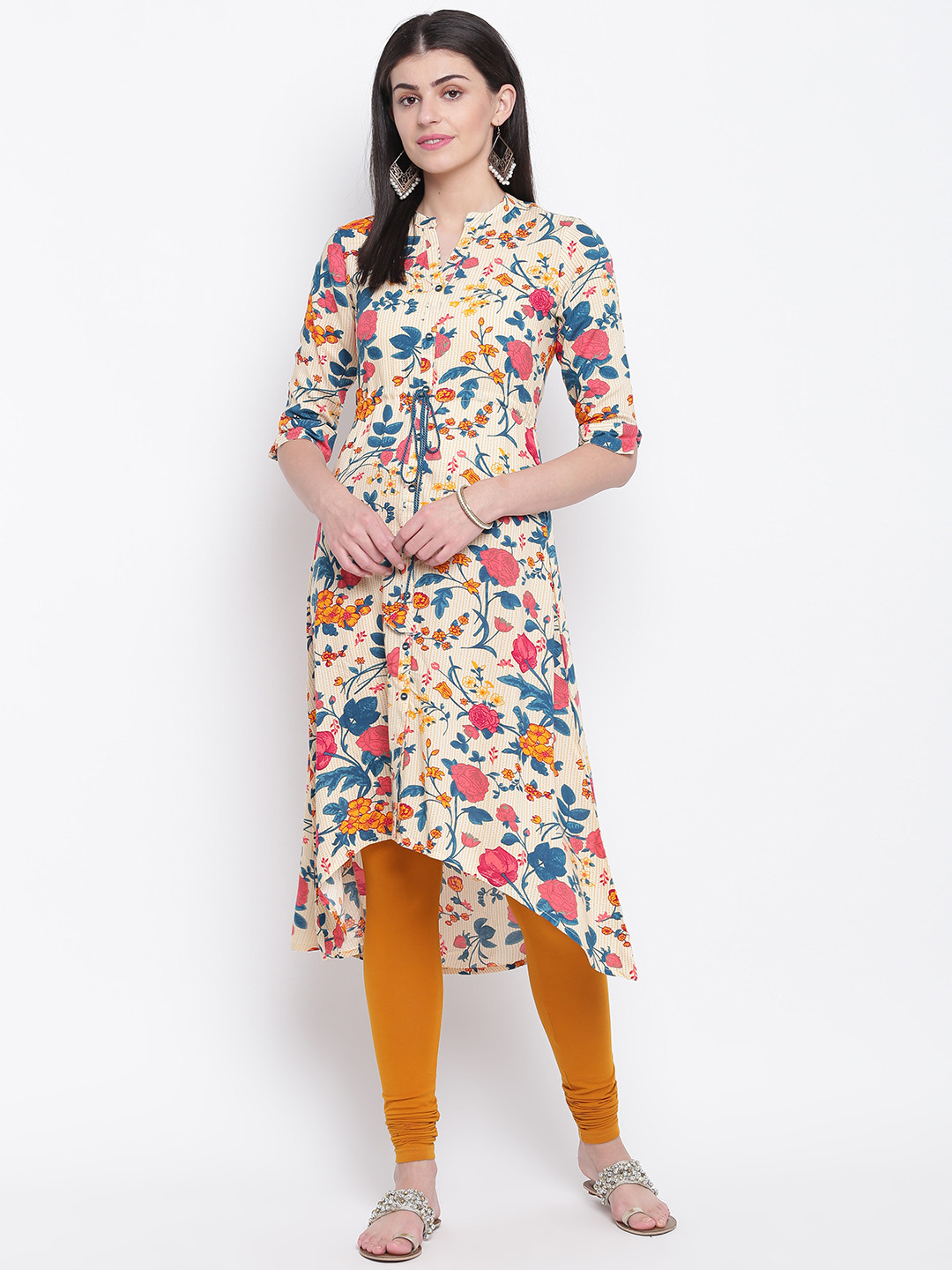 Rangriti Women Cream-Coloured & Teal Green Floral Printed A-Line Kurta