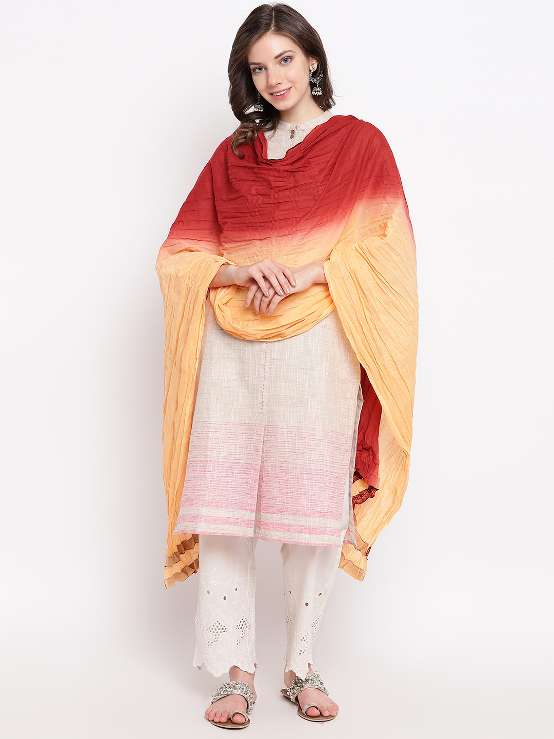 Rangriti Peach-Coloured & Rust Brown Dyed Dupatta