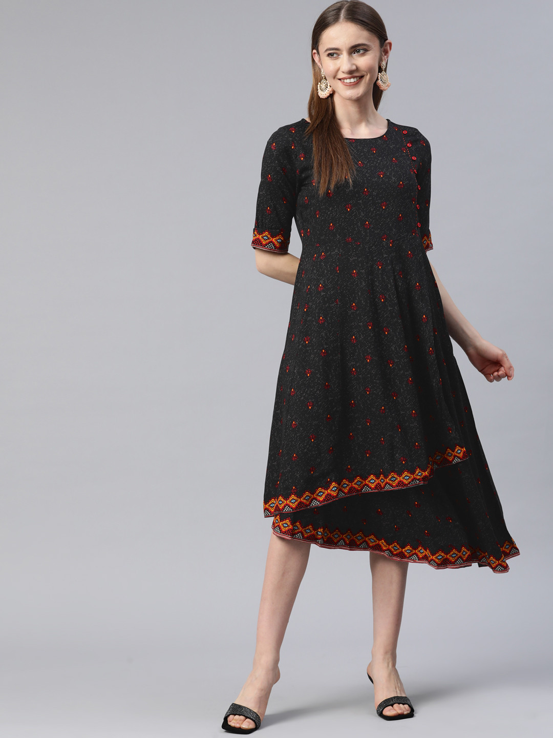 Rangriti Women Ethnic Motifs Print Asymmetric Flared Midi Dress