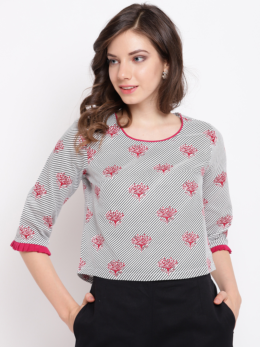 Rangriti Women White & Black Striped Top