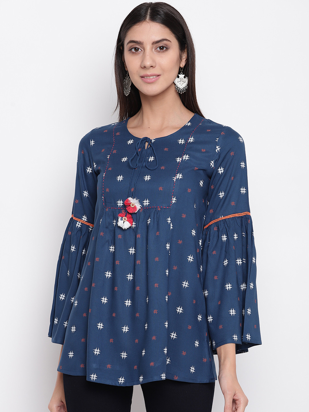 Rangriti Women Navy Blue & White Printed A-Line Top