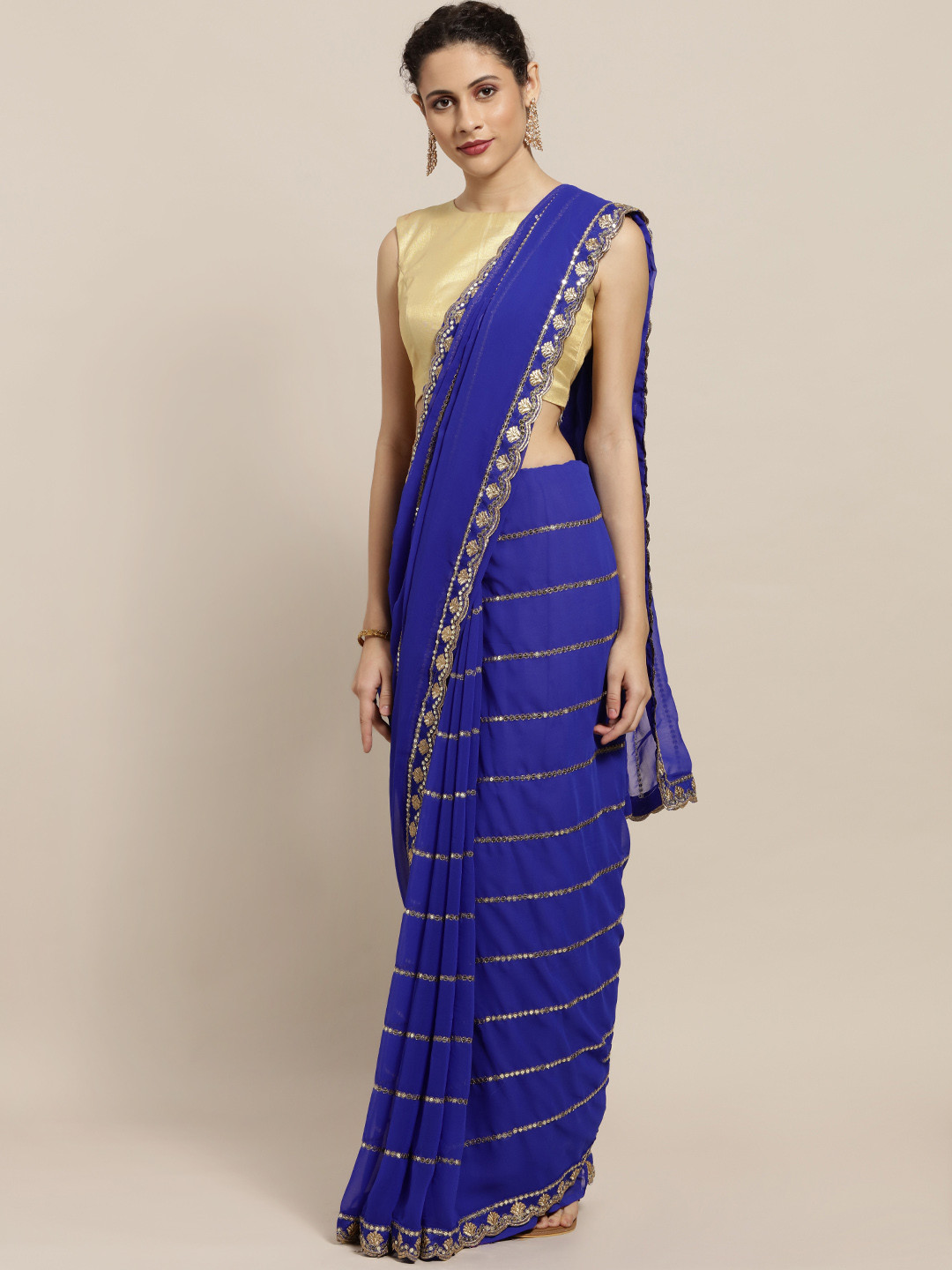 Sugathari Blue Embellished Poly Georgette Saree