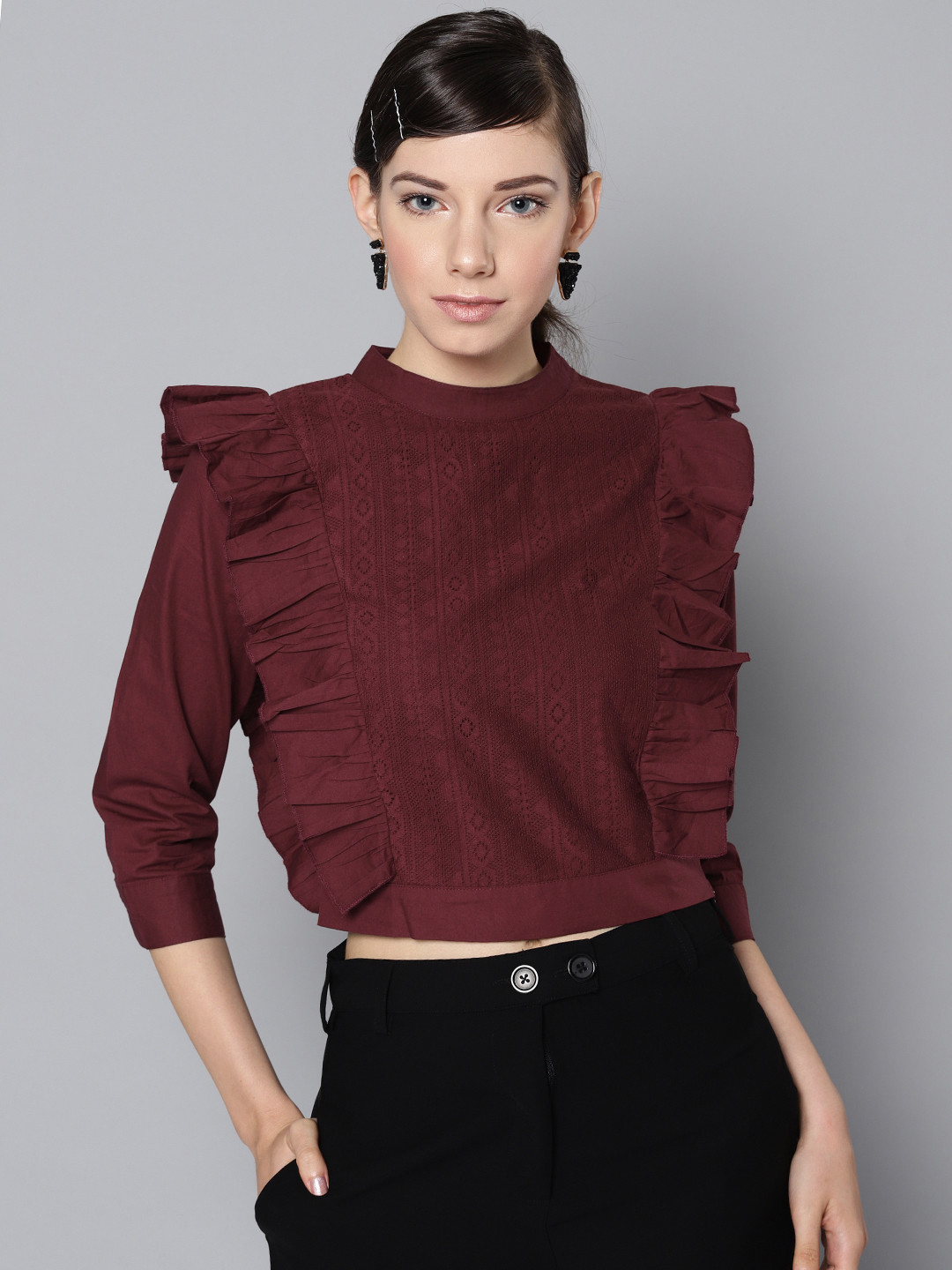 STREET 9 Women Maroon Lace Detail Victorian Crop Pure Cotton Top