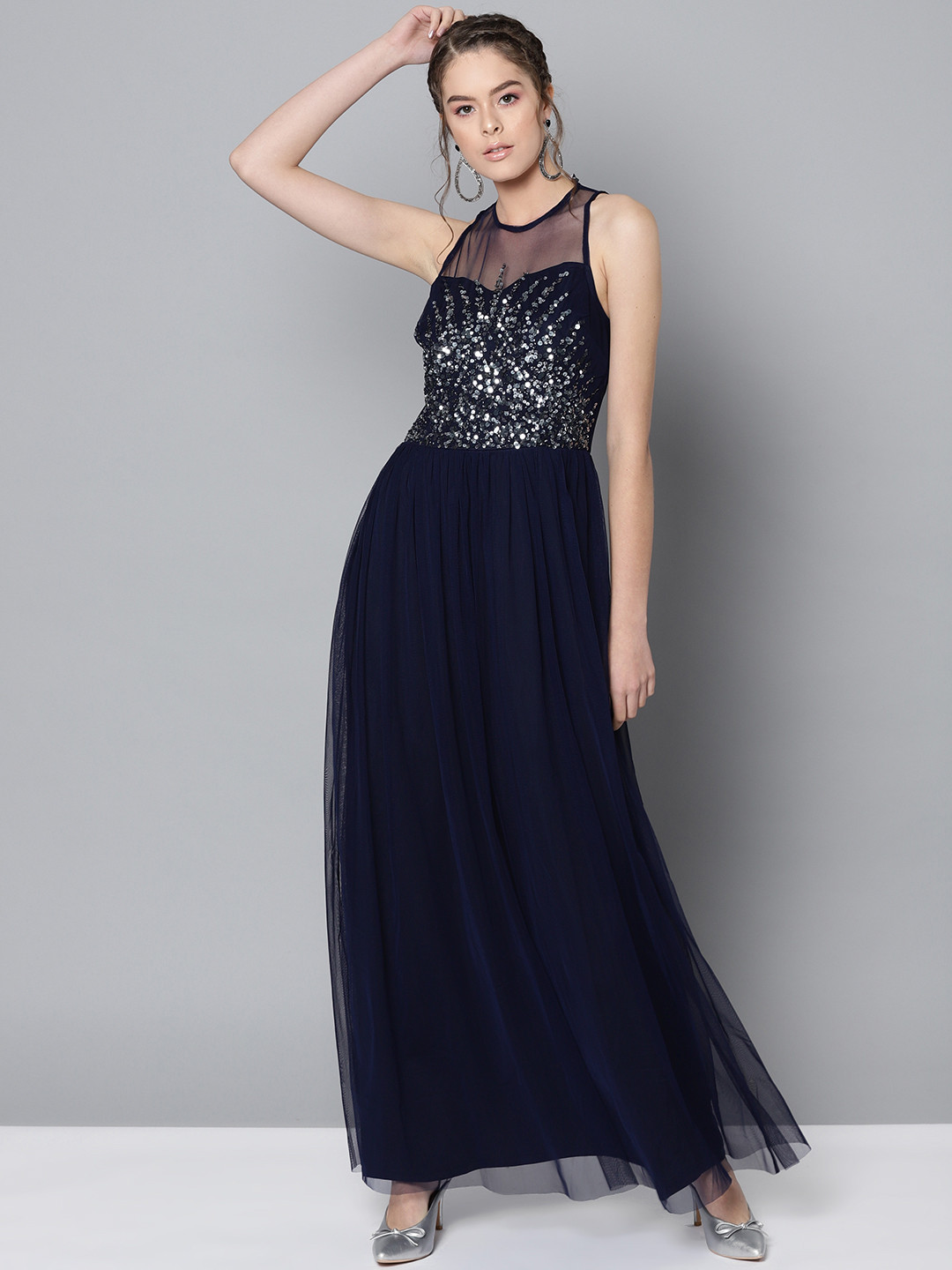 STREET 9 Women Navy Blue Net Solid Maxi Dress