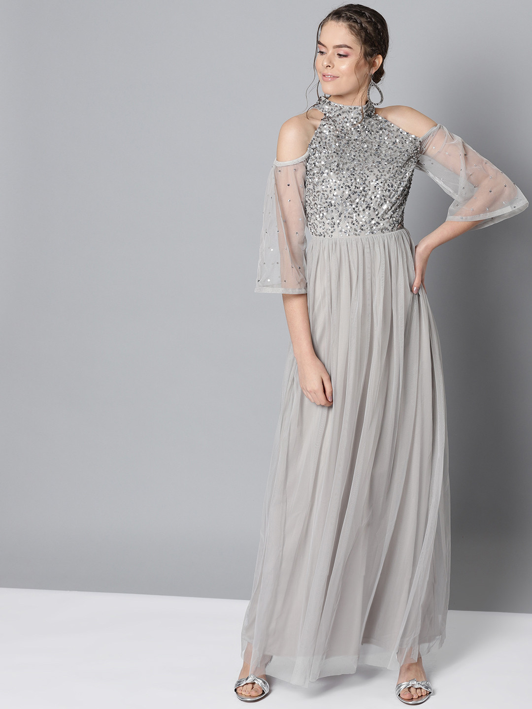 STREET 9 Women Grey Sequinned Net Cold-Shoulder Maxi Dress