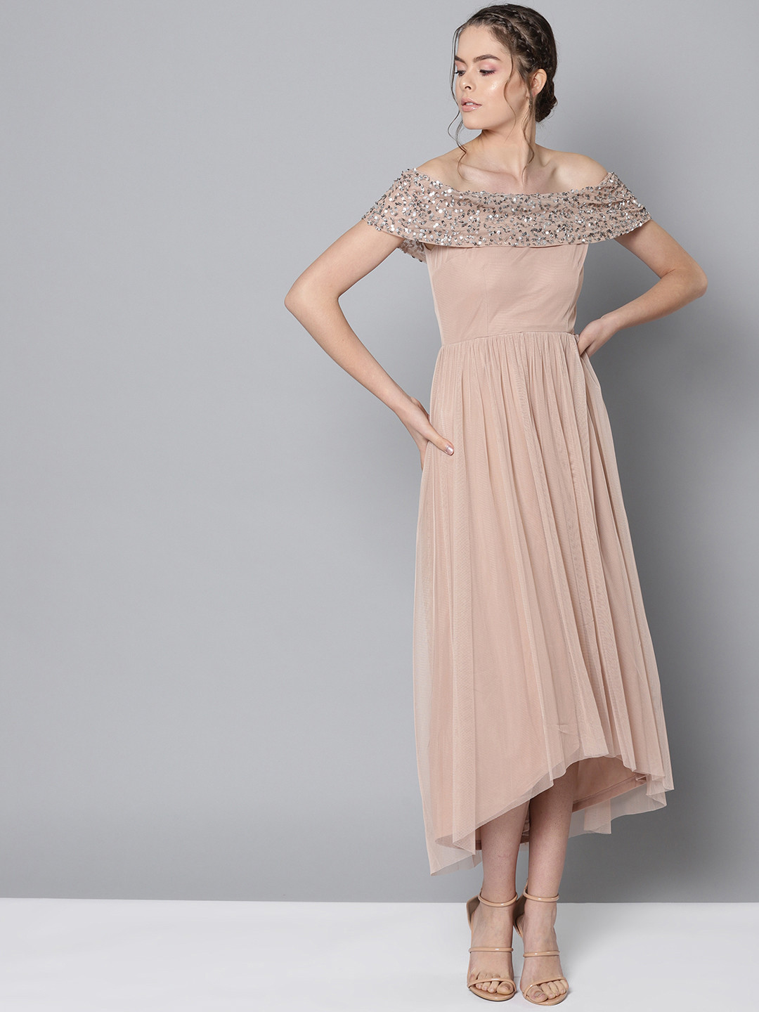 STREET 9 Beige Off-Shoulder Net Maxi Dress
