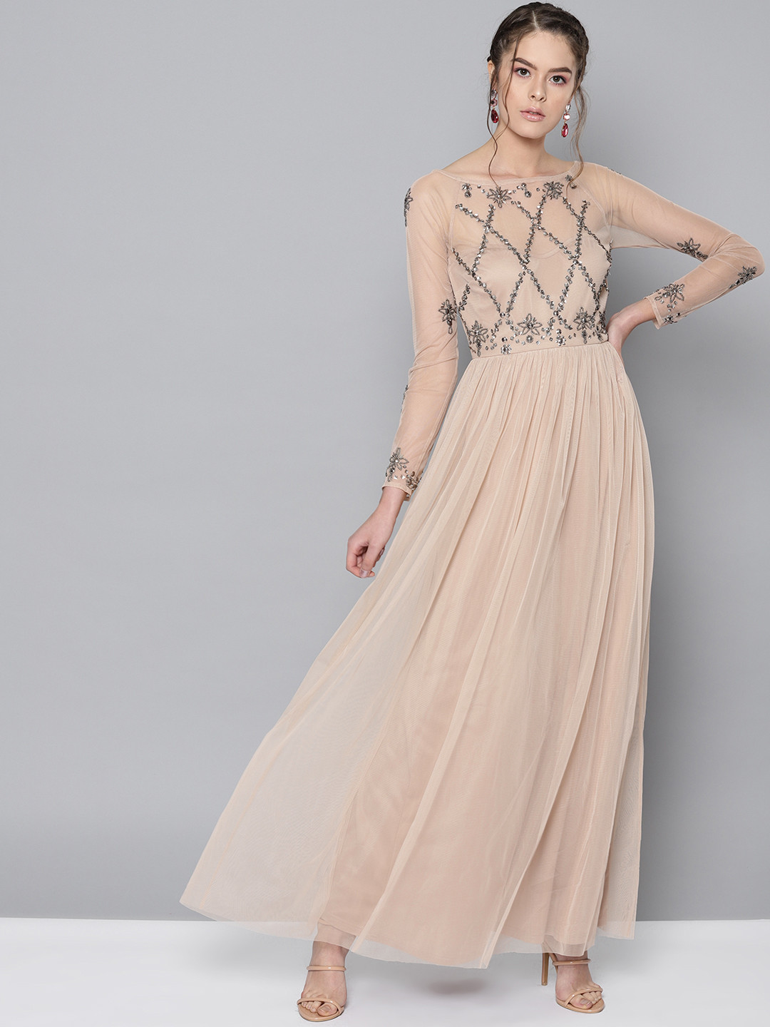 STREET 9 Women Beige Embellished Net Semi Sheer Maxi Dress
