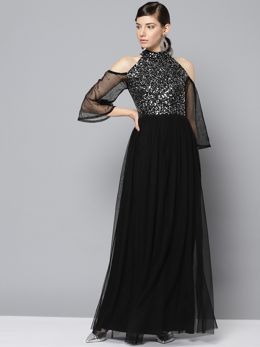 STREET 9 Women Black Embellished Cold-Shoulder Maxi Dress