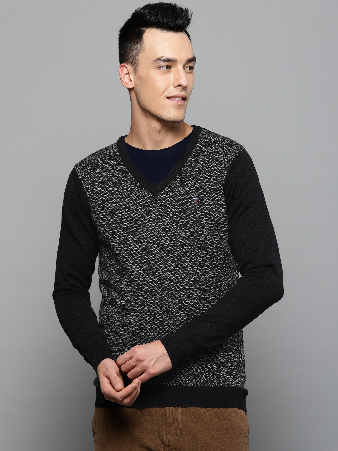 Louis Philippe Sport Men Black & Off-White Self Design Sweater