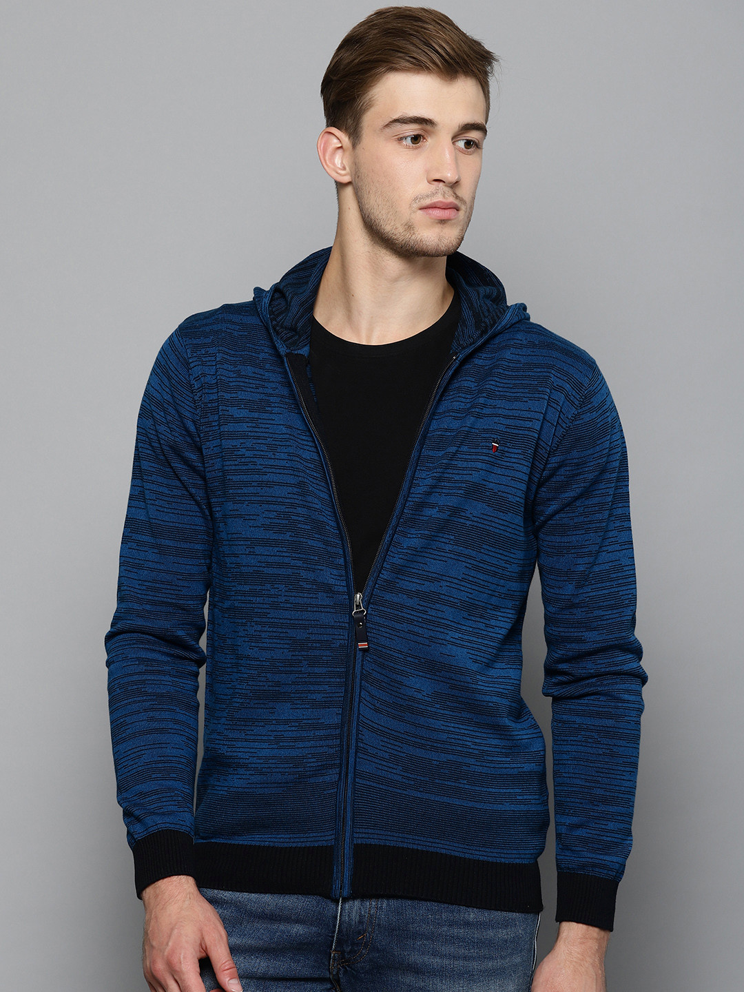 Louis Philippe Sport Men Blue Self-Striped Hooded Cardigan