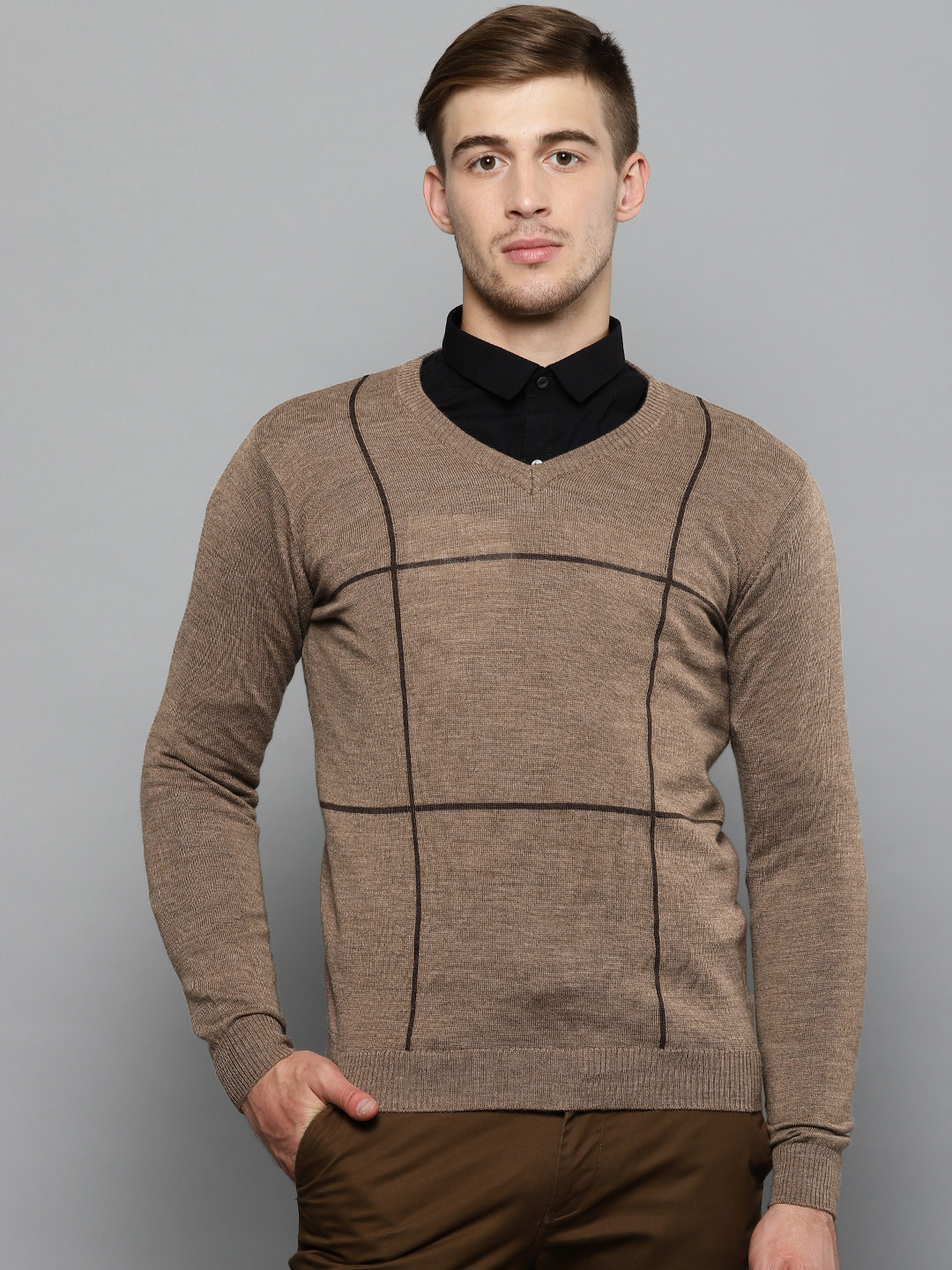 Louis Philippe Men Brown Checked Sweater