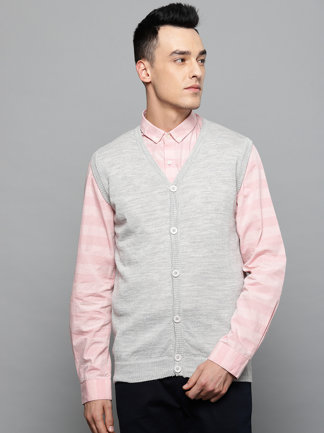 Louis Philippe Men Grey Melange Solid Cardigan