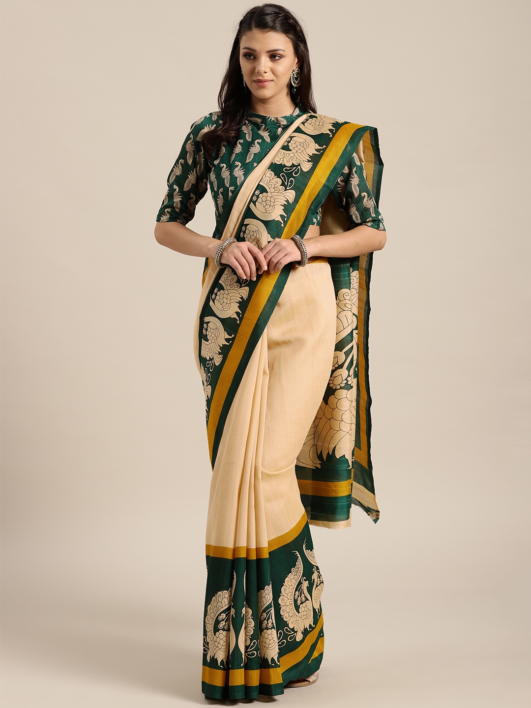 Saree mall Beige Green Printed Bhagalpuri Saree