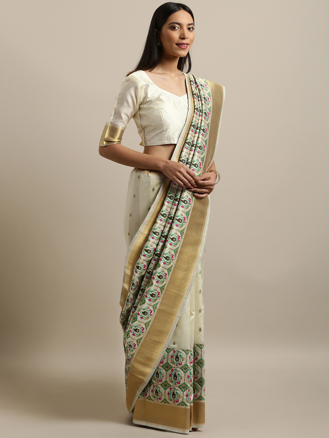 Kvsfab Cream-Coloured Woven Design Silk Blend Saree